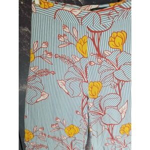 FOR CYNTHIA Womens Floral Blue White Striped Elastic Waist Linen Wide Leg Pant S